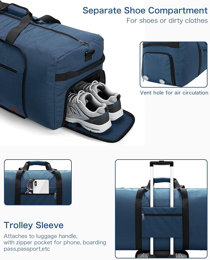 100L Travel Duffle Bag for Men, Urtala 32” Large Duffle Bag for Traveling with Shoe Compartment, Foldable Travel Duffel Bag for Men Women Waterproof & Tear Resistant (Dark Blue, EXTRA LARGE, 100L) - Image 4