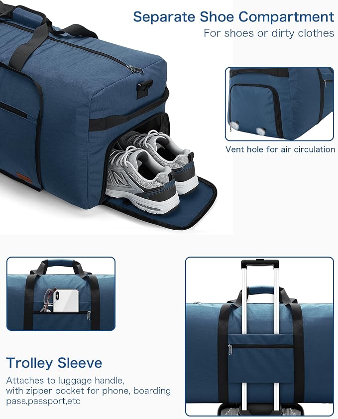 100L Travel Duffle Bag for Men, Urtala 32” Large Duffle Bag for Traveling with Shoe Compartment, Foldable Travel Duffel Bag for Men Women Waterproof & Tear Resistant (Dark Blue, EXTRA LARGE, 100L) - Image 4
