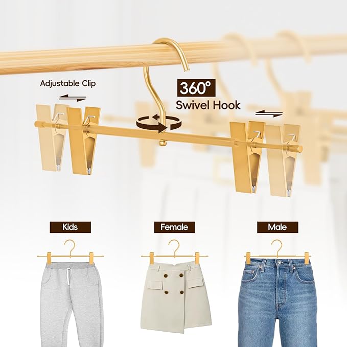 20 Pack Gold Metal Pants Skirt Hangers with Clips & Swivel Hooks | Lightweight Aluminum & Sturdy, Non-Slip Pads for Trouser, Skirts, Jeans, Scarf, Camisoles, Kids & Adults - Image 6