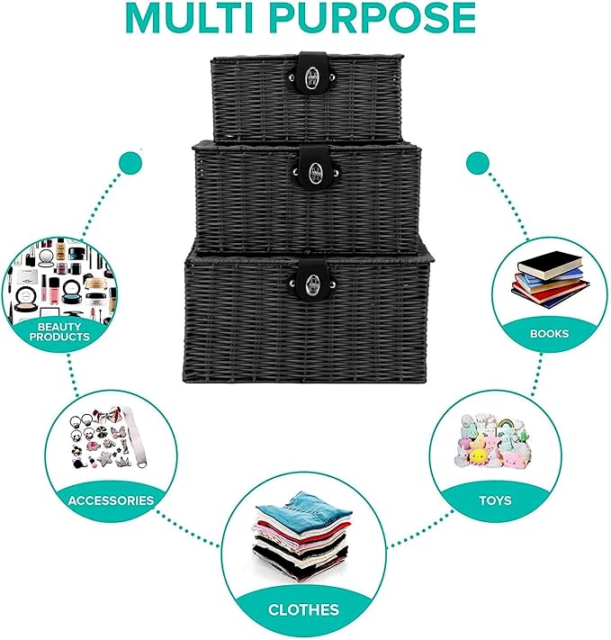 Set of 3 Woven Wicker Storage Basket Box with Lids & Lock, Built-in Carry Handles, Multifunctional Storage Organizer for Nursery, Baby, Clothes, Toys, Books, Large/Medium/Small Size (Black) - Image 5