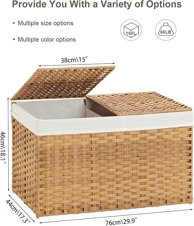 SETVSON Storage Basket with Lid, 2-Lid PE Rattan Storage Bin, Natural | 160L Storage Bin with 2 Separate Lids, 2 Removable Liners for Clothes & Blankets, Sturdy Metal Frame, PE Rattan - Image 4