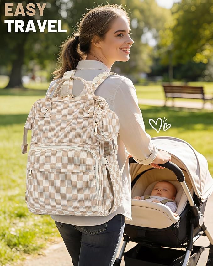 Corduroy Diaper Bag Backpack, Large Capacity Multifunction Baby Diaper Bags for Women, Insulated Bottle Pockets & Pacifier Case, Stylish Travel Nappy Changing Bags for Mom Dad (Checkered Brown) - Image 8