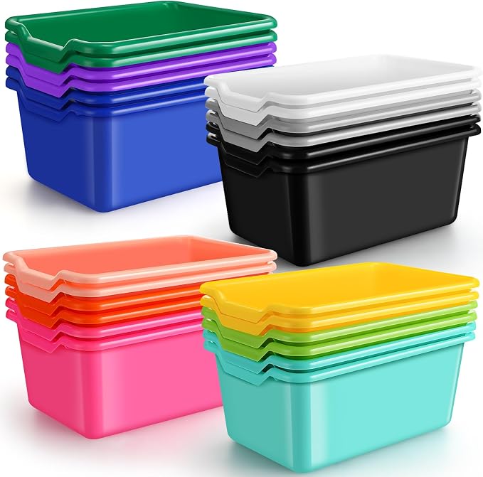 24 Pcs Book Bins for Classroom Plastic Cubby Bins Bright Color | Scoop Front Storage Bins for Classroom Library Stackable Toy Containers for School Office Home Nursery Playroom by Dandat