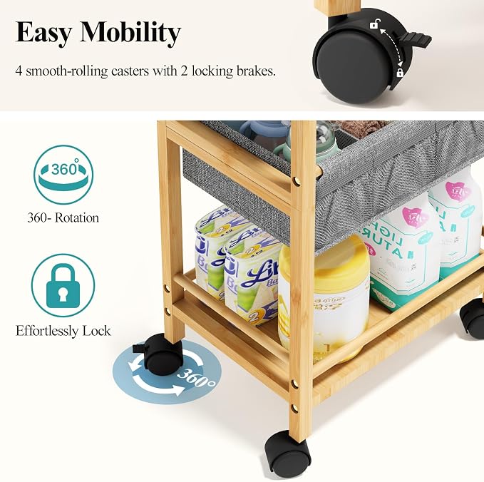 Bamboo Diaper Caddy Cart with Wheels - 3-Tier Rolling Storage，Light Grey | Removable bins, side pockets, sturdy handle, smooth wheels. For nursery, living room, laundry, pet. Natural bamboo, versatile - Image 5