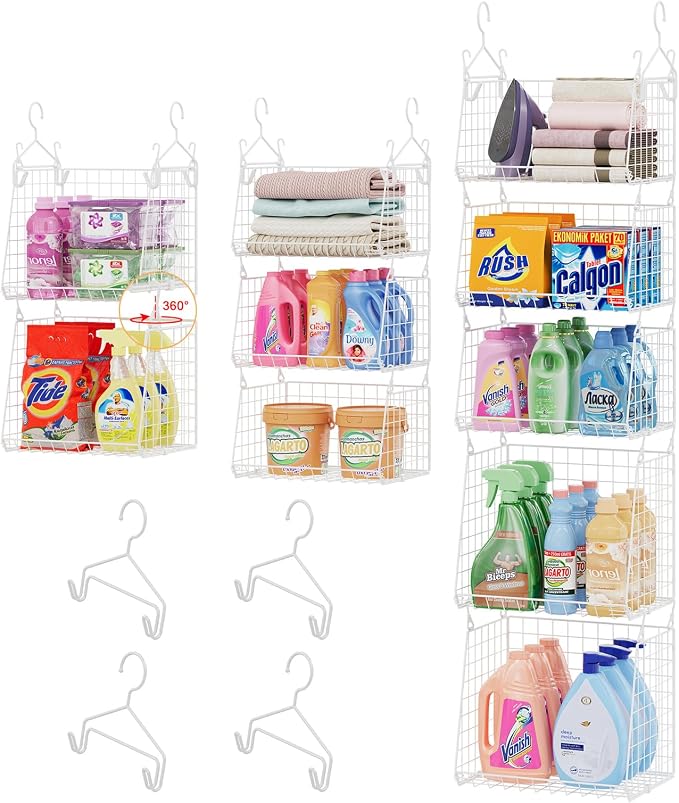 Sonyabecca 5-Tier Hanging Laundry Basket Organizer: Foldable Wire Shelf Basket with 4 Large Hooks 1.65" & 360°Rotating Hooks – Space-Saving Laundry Room Organization for Wardrobe Closet, White Patent by Sonyabecca
