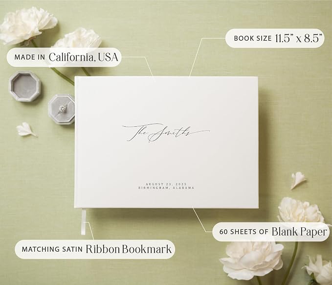 Personalized Guestbook in Eggshell - 11.5 x 8.5" Custom Hardcover Book for Wedding Reception Guests to Sign, Photobooth Album w/ Blank 140gsm Pages, Includes Ribbon Bookmark, Customized Names & Date - Image 3