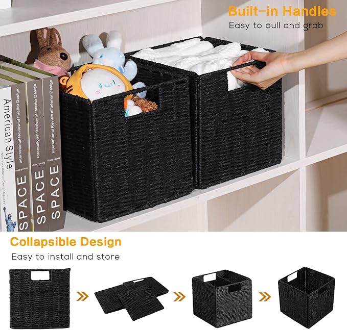 Wicker Basket, Set of 2 Woven Storage Baskets for Shelves, Foldable Cube Storage Basket Bins with Handles, 9 inch Small Storage Baskets for Organizing Pantry Bedroom, Black - Image 3