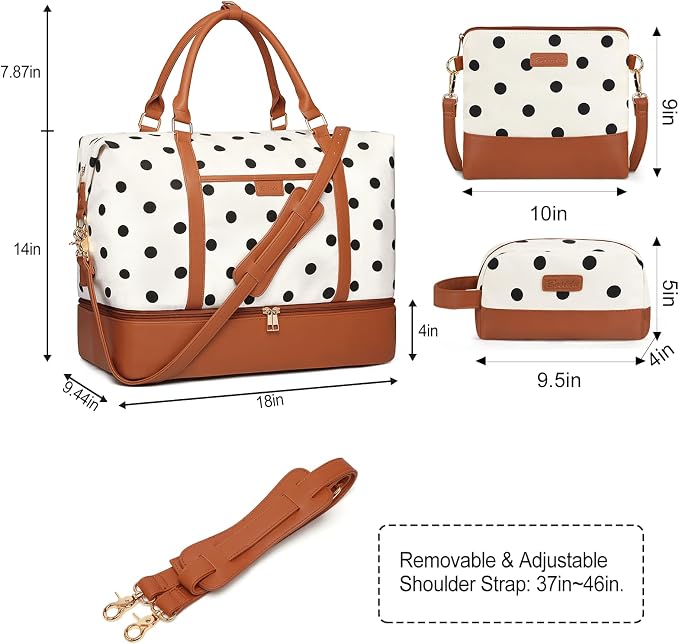 3Pcs Set Polka Dots Weekender Bags for Women Canvas Carry On Overnight Bag Travel Duffle Tote Bag for with Shoes Compartment, Brown - Image 5