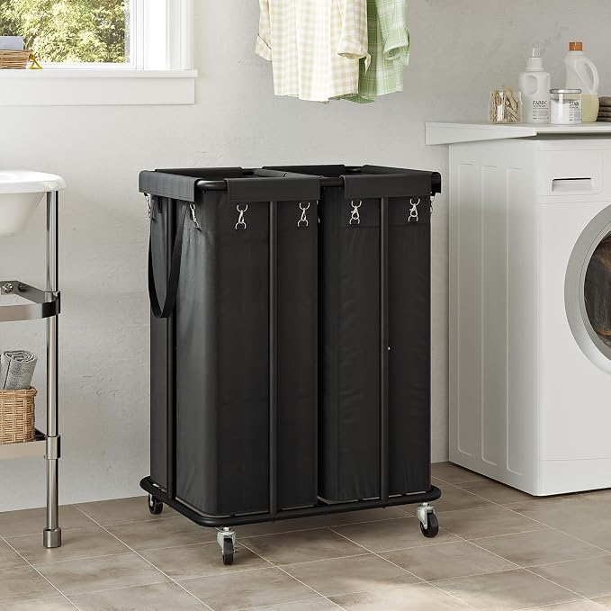 WOWLIVE Double Laundry Hamper with Wheels, 170L Rolling Laundry Basket | 2 Section Laundry Hamper, Laundry Cart with Steel Frame, Removable Bags, Large Dirty Clothes Hamper Dorm Room Storage, Black - Image 2
