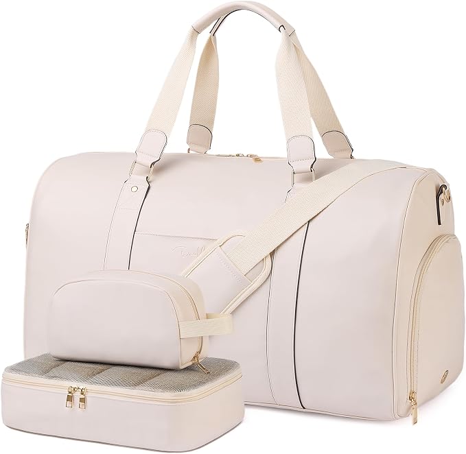 Large 3-in-1 Leather Duffle Bag for Travel Weekender Overnight Hospital Gym Bag for Men & Women, Carry On Airline Approved Personal Item Duffel Garment Bag Luggage with Shoe Compartment & Toiletry Bag by Unknown