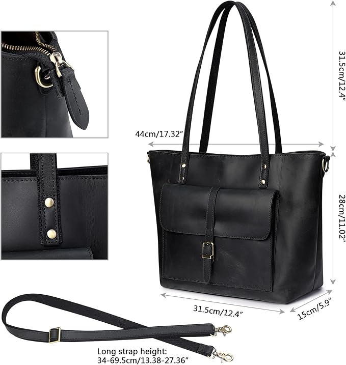 S-ZONE Women Vintage Genuine Leather Tote Bag Large Shoulder Purse Work | 14" Padded Laptop Compartment, Detachable Long Strap, Luggage Strap, Multi Pockets, Travel Everyday - Image 5