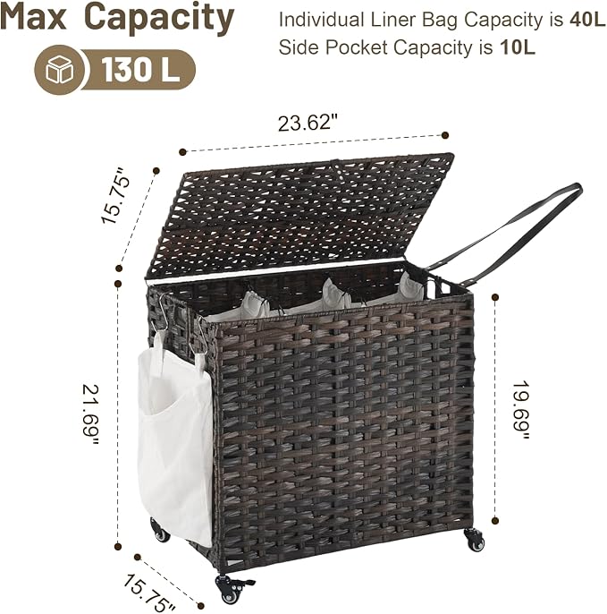 Laundry Hamper with Wheels, 34.3 Gallon(130L) Rolling Laundry Basket with Lid, 3-Section Rattan Clothes Hamper with 3 Removable Liner & 3 Mesh Bags, Laundry Sorter with Side Pocket, Brown - Image 4