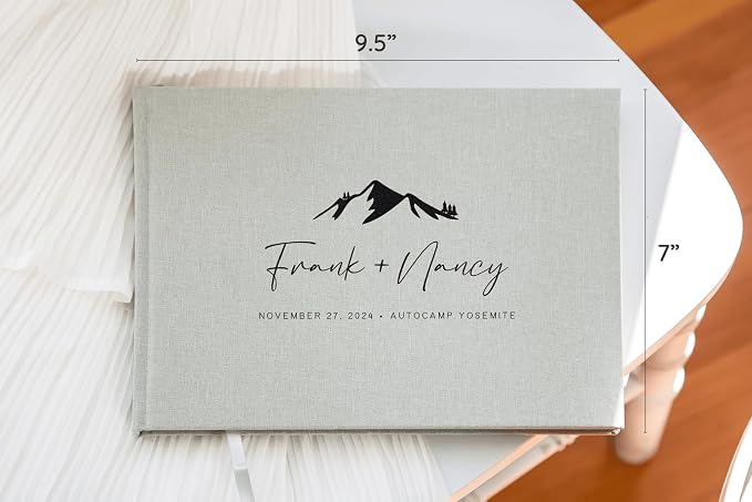 Personalized Linen Guest Book (Design 2) - 9 x 7.5 Hardcover Custom Wedding Guestbook Mountain Design, Reception Ceremony Engagement Party Keepsake Signing Book with 120 Blank Pages - Image 2