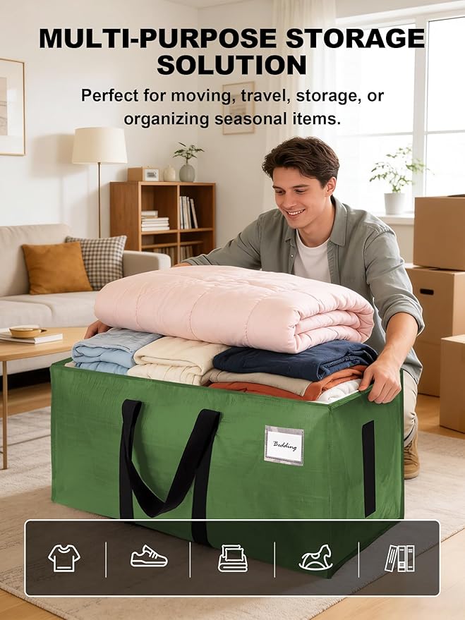 HOMESURE Supports 200lbs Heavy Duty Moving Bags - Strong Zipper & Wrap-Around Handles - Water-Resistant Storage Totes, Durable Alternative to Moving Boxes - 4 Pack - Olive Green - Image 4