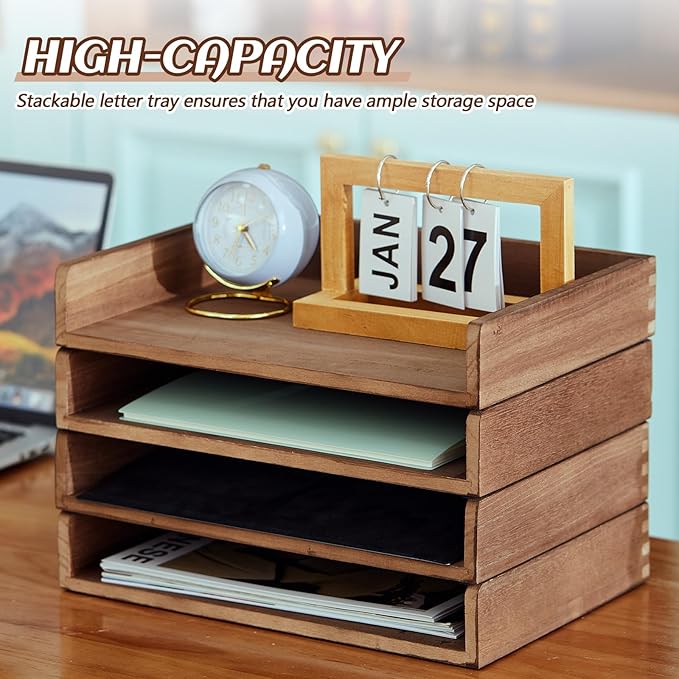 Yeaqee 4 Pcs Stackable Paper Organizer Tray Wood Desk Organizer Letter Tray Desktop Letter Size Office Wooden Desk Shelf Paper Holder Folder Organization Rack for Mail File Document(Dark Wood Color) - Image 2