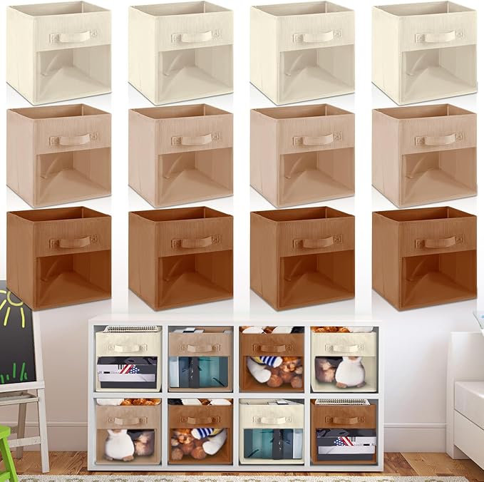 Marsui 12 Pcs Clear Cube Storage Bins Brown Collapsible Kids Storage Bins Fabric Classroom Organizer with Window for Kid Playroom Room Daycare Nursery by Marsui