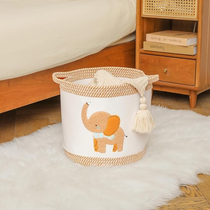 Baby Toy Basket Blanket Baskets Laundry Hamper Cute Elephant Nursery Organization Bins with Handle, Woven Cotton Rope Nursery Storage Basket For Girls Boys Kids Baby Shower Gifts Baskets - Image 2