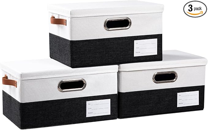 Storage Bins with Lids [3-Pack] Linen Fabric Foldable Storage Boxes Organizer Containers Baskets Cube with Cover for Bedroom Closet Office Black & White（11.4X8.6X6.7 by Prandom