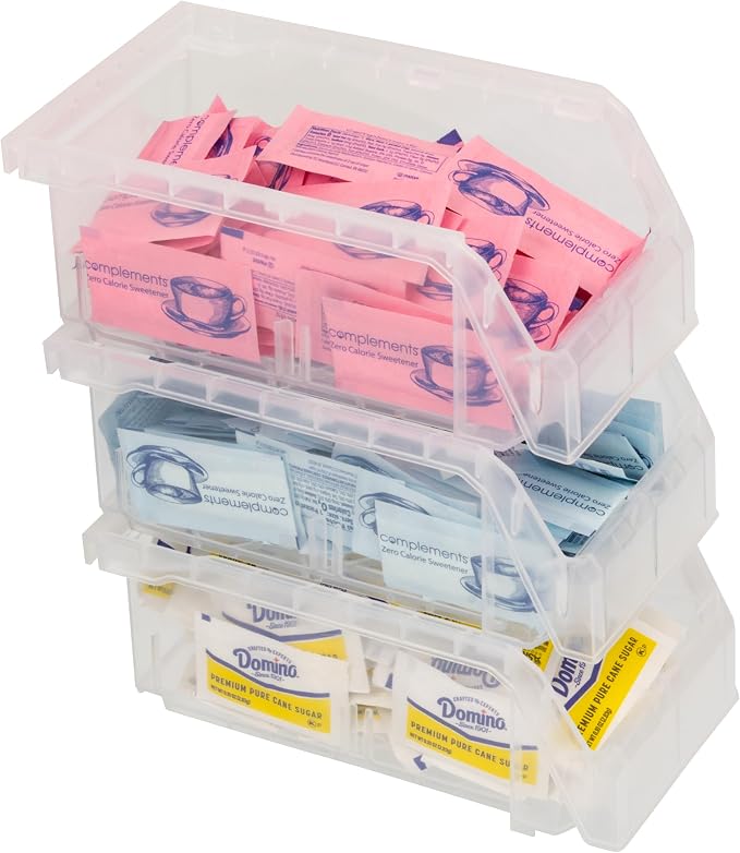 Small Stackable Plastic Storage Bins, 12-Pack, Clear | Open-Front Stackable Bins For Garage, Pantry, Closet & Office, 7"L X 4"W X 3"H, Nests When Empty, Durable Plastic - Image 5