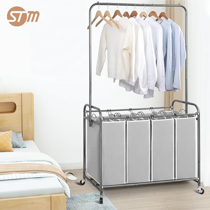 STORAGE MANIAC Laundry Sorter with Hanging Bar, Portable, Removable Laundry Hamper Cart with Heavy Duty Lockable Wheels and Removable Bags, Rolling Laundry Basket Organizer 181L, 4 Section Gray - Image 9