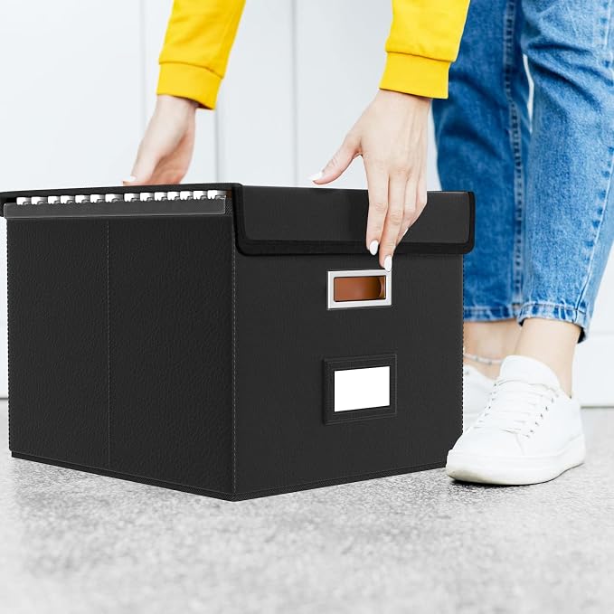 File Organizer Box with Lids, Collapsible File Folder Organizer | File Box with Plastic Slides for Document Storage, Filing Bin for Letter Size Hanging File Folders (4 Pack, Black, Leather) - Image 6