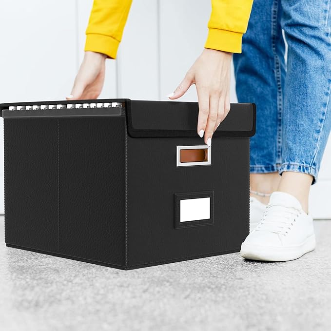 File Organizer Box with Lids, Collapsible File Folder Organizer | File Box with Plastic Slides for Document, Filing Bin for Letter Size Hanging File Folders (2 Pack, Black, Leather) - Image 5