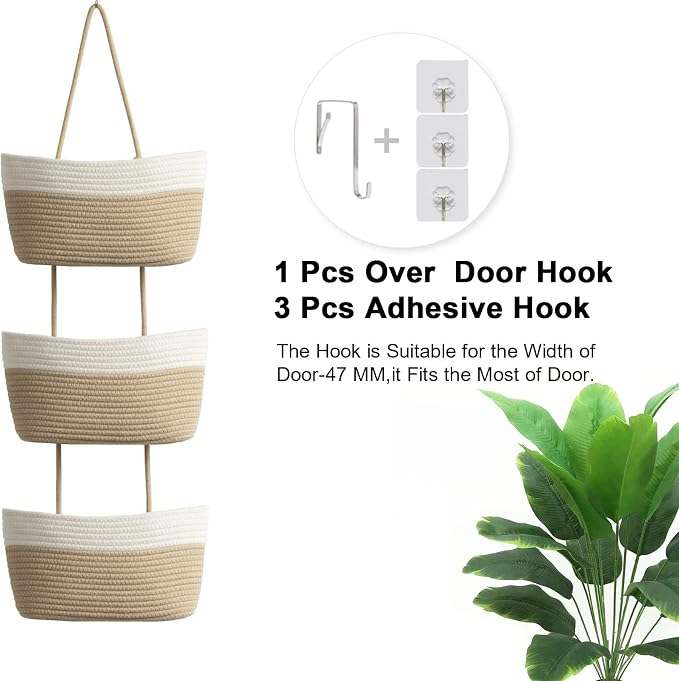 TeoKJ Over the Door Hanging Basket, 3-Tier Woven Cotton Wall-Mounted Storage Organizer Bag Decorative Hanging Nursery Baskets, White & Jute - Image 6