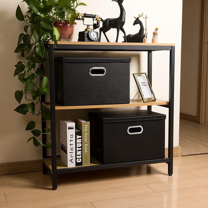 Large Stackable Storage Boxes with Lids [5-Pack] Leather Fabric Foldable Storage Bins Organizer Containers Baskets Cubes with Cover for Bedroom Closet Office Nursery Black(17.7x11.8x11.8) - Image 3