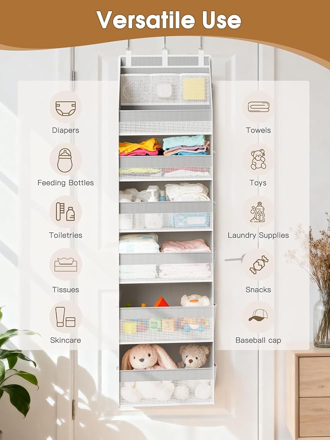 Over The Door Organizer, Heavy-Duty 6-Shelf Hanging Storage with 13 Mesh Pockets, 55lbs Capacity Behind The Door Storage for Nursery, Bathroom, Bedroom, and Dorm, Grey - Image 8