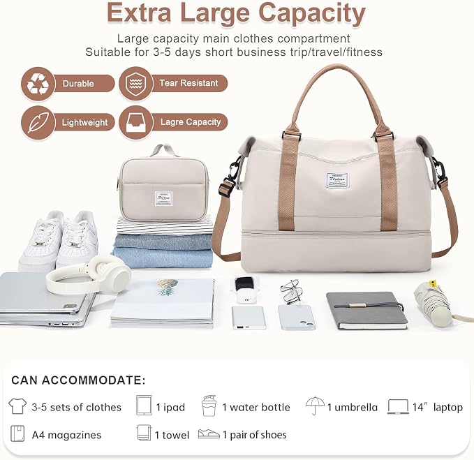 Large Weekender Bags for Women, Travel Duffel Bag with Shoe Compartment,Personal Item Travel Carry on Overnight Bag for Women Travel Set,Beige & Brown - Image 3