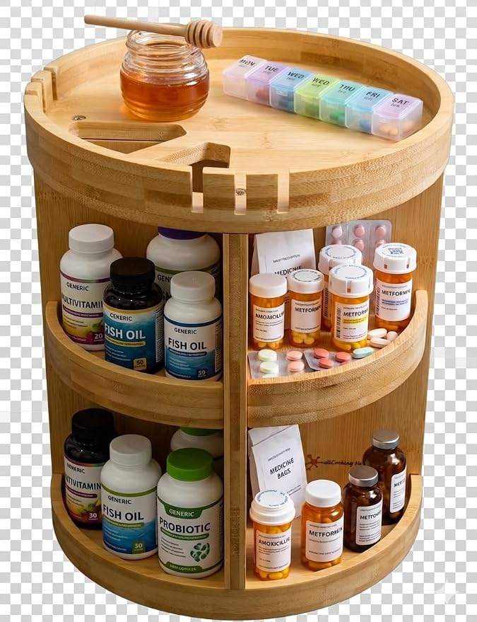Bamboo Rotating Makeup Organizer with Adjustable Shelves - Round, Multipurpose Storage 360° Carousel for Vanity, Bathroom, Kitchen Countertop, Bedroom, Desk - Image 4