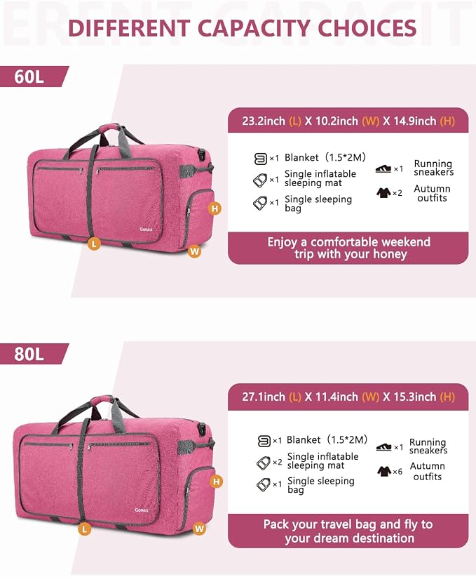 Gonex 100L Foldable Travel Duffle Bag with Shoe Compartment, Lightweight | 210D Nylon, Water-Repellent, Folds Compact, Multiple Pockets, Luggage Sleeve,Family Travel & Camping, Pink - Image 2
