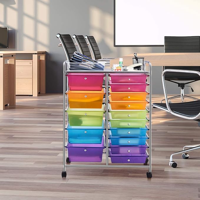 RELAX4LIFE 15 Drawer Rolling Storage Cart, Mobile Drawer Carts for Craft Art Supply Paper Salon, Utility Cart on Wheels for Classroom Teacher School Office, Rolling Cart with Drawers (Color) - Image 10