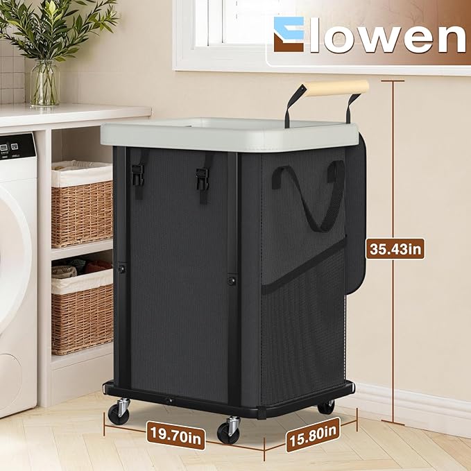 Laundry Hamper with Lid,150L Rolling Laundry Basket with Wheels & Handle | Leather Patchwor Dirty Clothes Hamper,Laundry Basket Organizer for Bedroom Aesthetic,Laundry Room,Dorm - Black Gray - Image 6