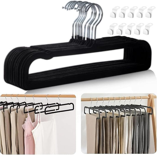 Velvet Hangers Non Slip - 20 Pack Pants Hangers for Closet - Thin Space Saving Clothes Hanger - Strong, Durable, Jean Perchas with 360 Degree Rotatable Hook for Tank Top (Black Silver Hook) by WJWSKI