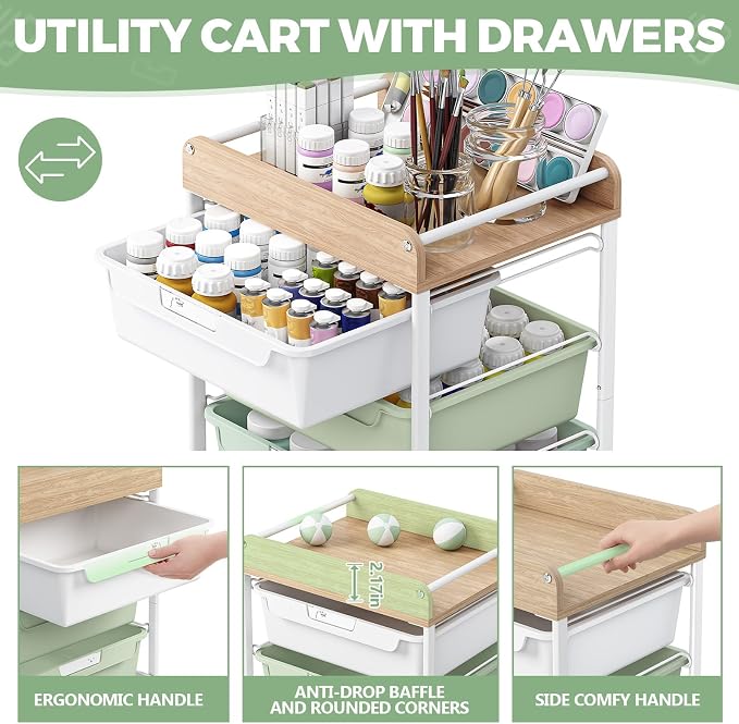 SYKIARIOL Rolling Storage Utility Cart with 4 Drawers,Art Cart,Green | Kids Craft Cart,Makeup Organizer and Storage with Wooden Tabletop - Image 3