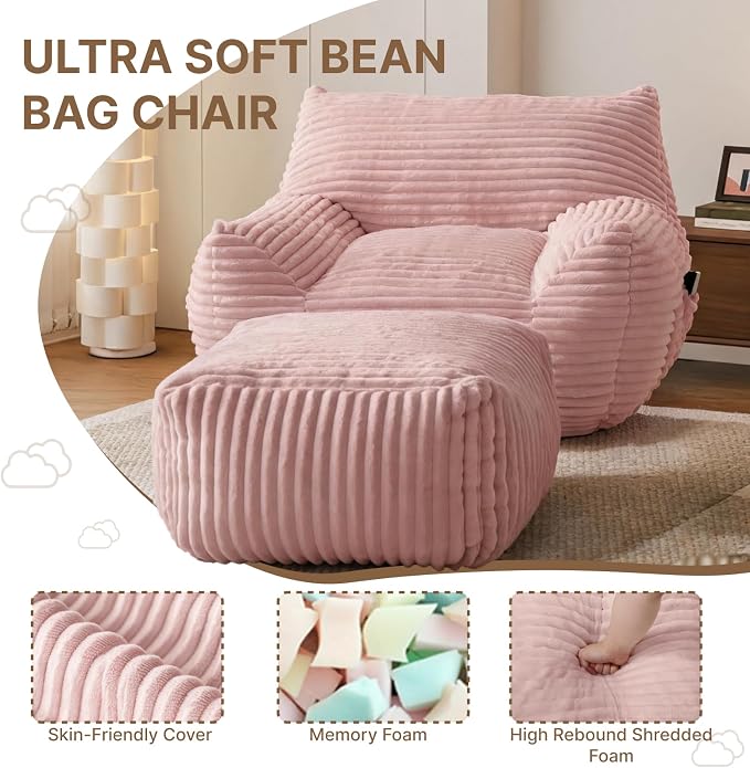 Oversized Bean Bag Chair with Ottoman, Bean Bag Couch with 2 Side Pockets, Corduroy Boneless Couch Chair in a Box, Comfy Lounge Chair for Living Room, Bedroom, Dorm, Pink - Image 6