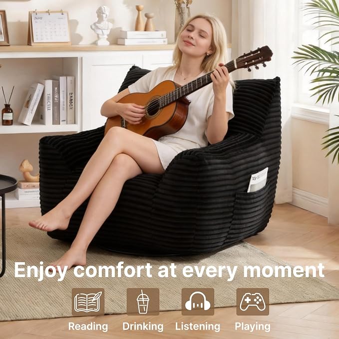 Bean Bag Chair for Adults & Kids, Giant Bean Bag Sofa with Side Pocket, Corduroy Beanbag Chair with Armrests, Comfy Stuffed Floor Sofa for Living Room Bedroom Dorm, Black - Image 3