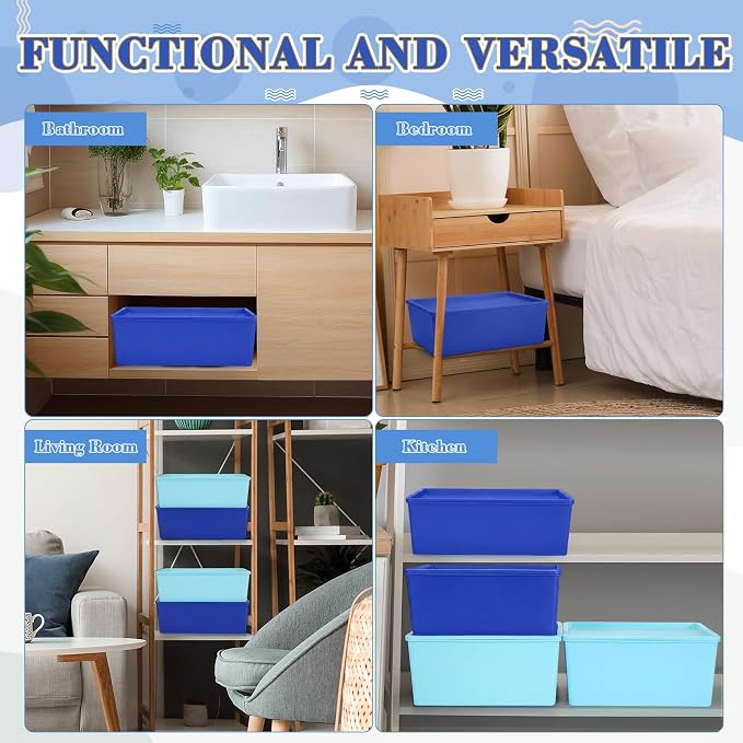 6 Pcs Large Plastic Storage Bins with Lids, Blue | 14.4 x 10.4 x 5.1 Inch, Stackable Storage Containers, Decorative Cubby Organizer for Clothes Shelves Garage Closet Office - Image 5