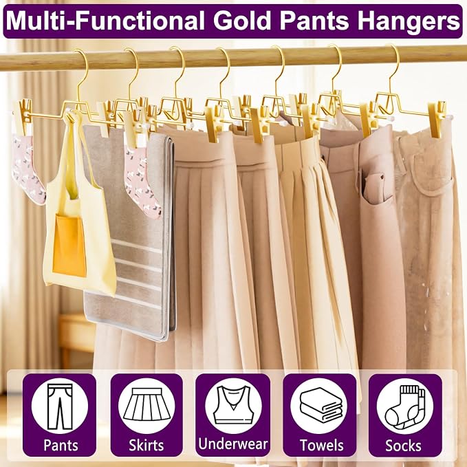 30 Pack Gold Pants Hangers with Hooks, Stackable Pants Hangers | Upgrade Heavy Duty Metal Skirts Hangers, with 2 Adjustable Clips for Pants, Jeans, Slacks, Women Skirts - Image 5