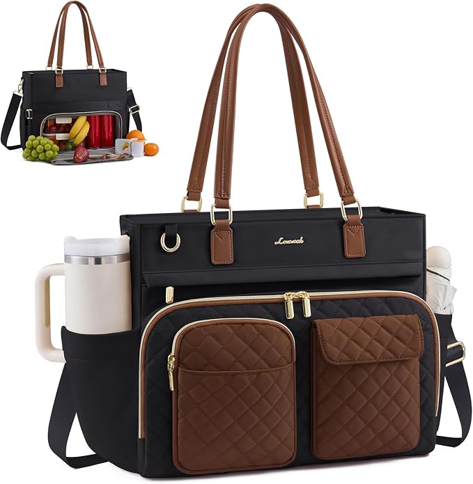 LOVEVOOK Lunch Tote Bag for Women, Insulated Lunch Bag with Laptop Compartment, Teacher Nurse Tote Bag with Large Capacity & Cup Holder, Work Tote for Travel College Daily fit 15.6 Inch Laptop by LOVEVOOK