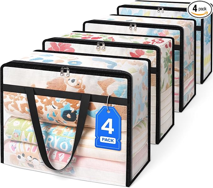 BlissTotes Moving Bags 60L 4PCS, Clear Clothes Storage Under Bed Storage | Foldable Clothes Storage Bags with Sturdy Zippers & Handles for Comforter, Bedding, Books, Sheet, Transparent Containers by BlissTotes