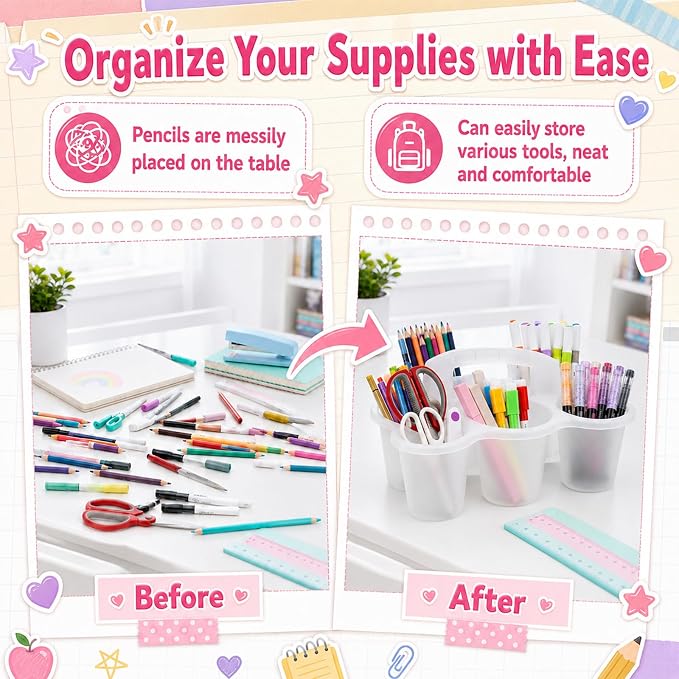 gisgfim 6 Pack Classroom Caddy Organizer with Handle, 6 Compartments, Clear | Stackable Plastic Table Caddies, 12x9x3.5 In, caddy Organizer for School Supplies, Crayons, Pencils, Crafts and Drink Cups - Image 4