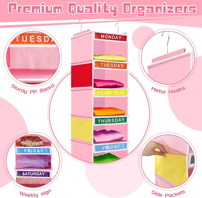 2 Pcs 7 Shelf Weekly Clothes Organizer for Kids Hanging Closet Organizer 11. 8 x 11. 8 x 50 Inches Daily Activity Kids Clothes Storage Drawers Cube Drawers Closet Hanging Shelves(Pink) - Image 3