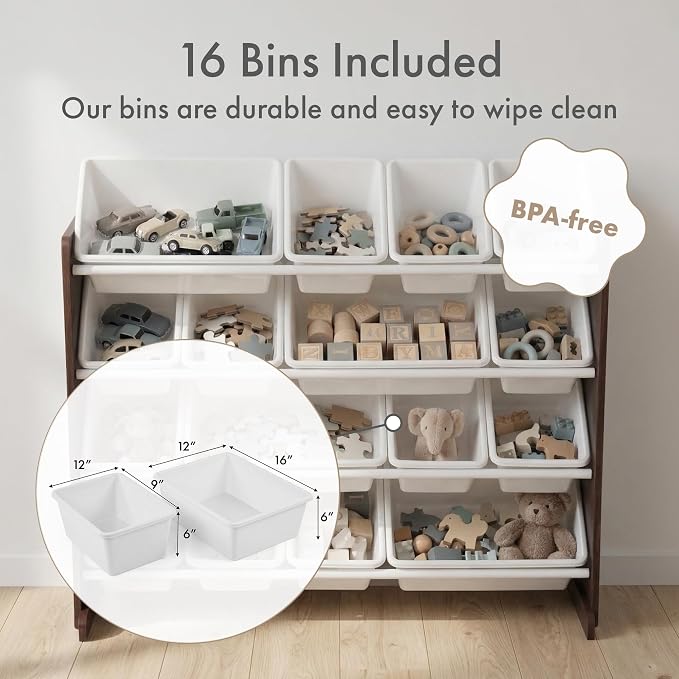 Humble Crew Kids Toy Organizer with 16 Bins, 4 Tier Storage for Playroom | Sturdy wood and steel toddler shelf, removable BPA-free containers, wall anchor anti-tip safety kit for bedroom or classroom - Image 3