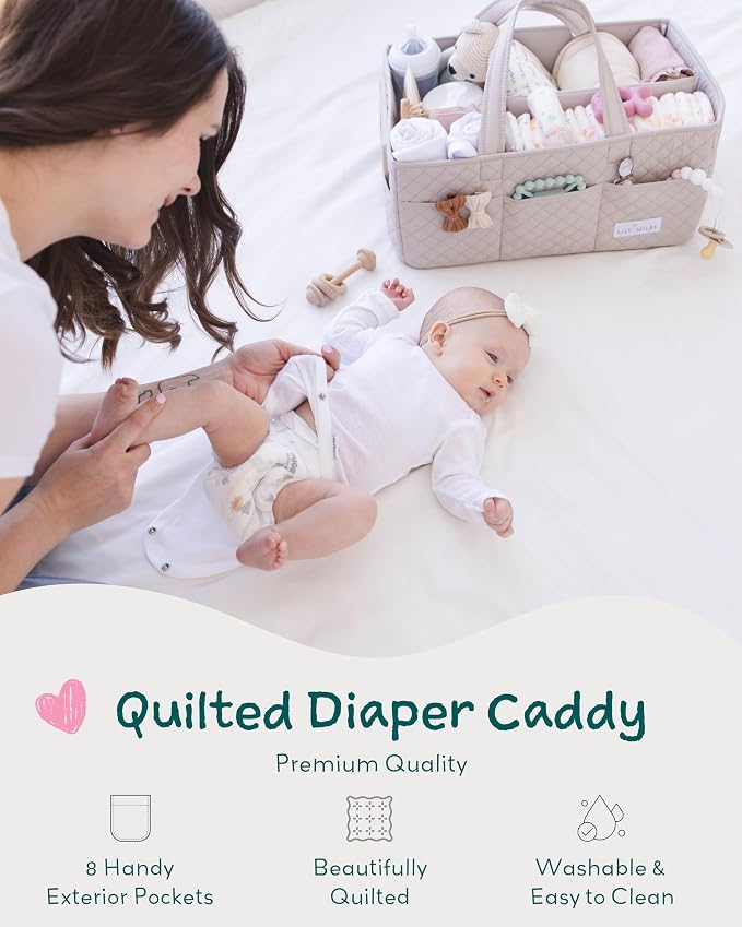 Quilted Diaper Caddy Organizer with Matching Changing Pad - Soft Sand - Image 2