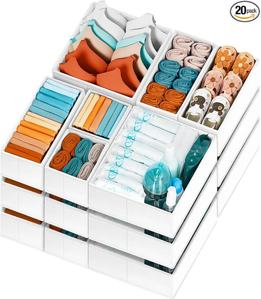 【FAMILY PACK】Drawer Organizer Clothes, 20 Pack Dresser Organizer Bins for Baby Clothes - Underwear Bra Sock Organizer - Fabric Closet Organization and Storage Dividers for Nursery Bedroom Dorm by Criusia