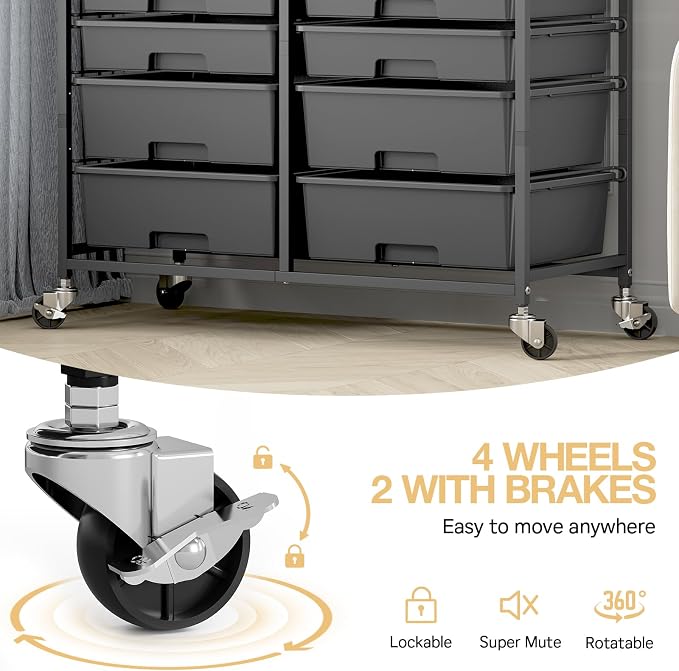 TOOLF 12 Drawers Rolling Storage Cart with Wooden Top for Classroom, Black | Teacher Cart Craft Art Supply Organizer, Utility Cart with Lockable Wheels for Home Household Essentials, Office Organization - Image 5