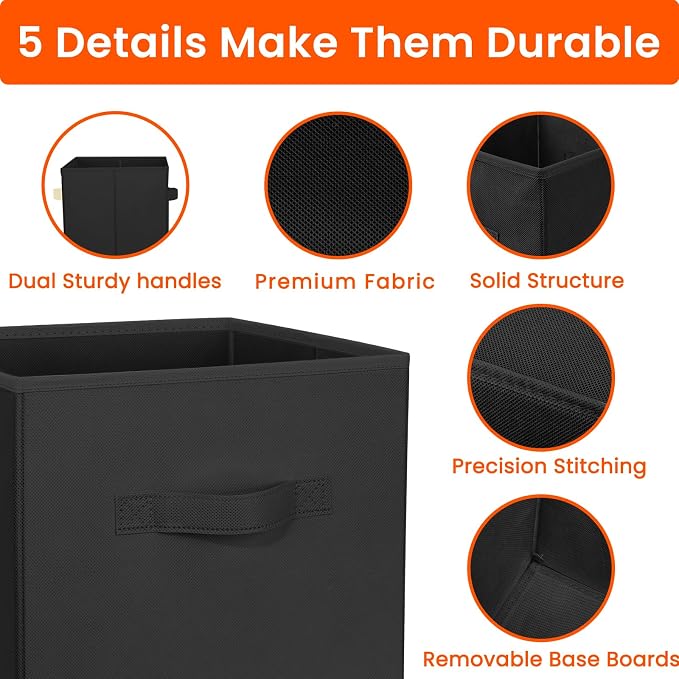 Storage Cubes, 11 Inch Clothes Storage Bins for Shelves Closet (10 Pack), Fabric Collapsible Storage Bins with Dual Handles, Cubby Storage Baskets for Magazines, Dorm Essentials (Black) - Image 6