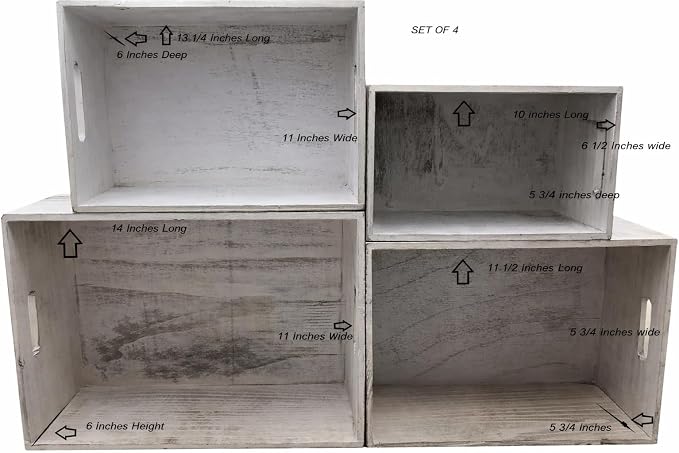 4 Pack Nesting Wooden Crates with Handles - Whitewashed Decorative Boxes | Farmhouse Rustic Wood Crate for Storage and Display, Shelf Organization, Home Decor, Pantry Organizer, Open Top Design - Image 7
